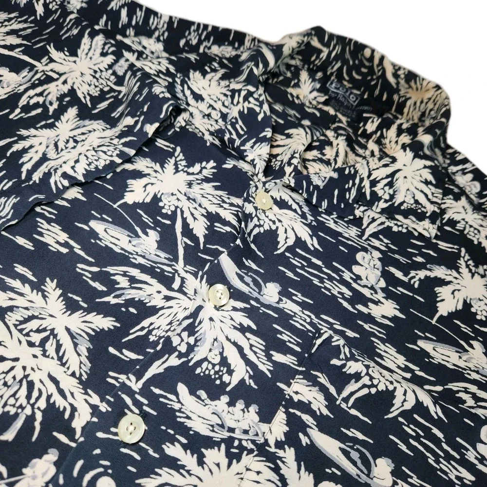 Vtg POLO RALPH LAUREN Caldwell Shirt Mens Large Black Aloha Loop Collar Beach